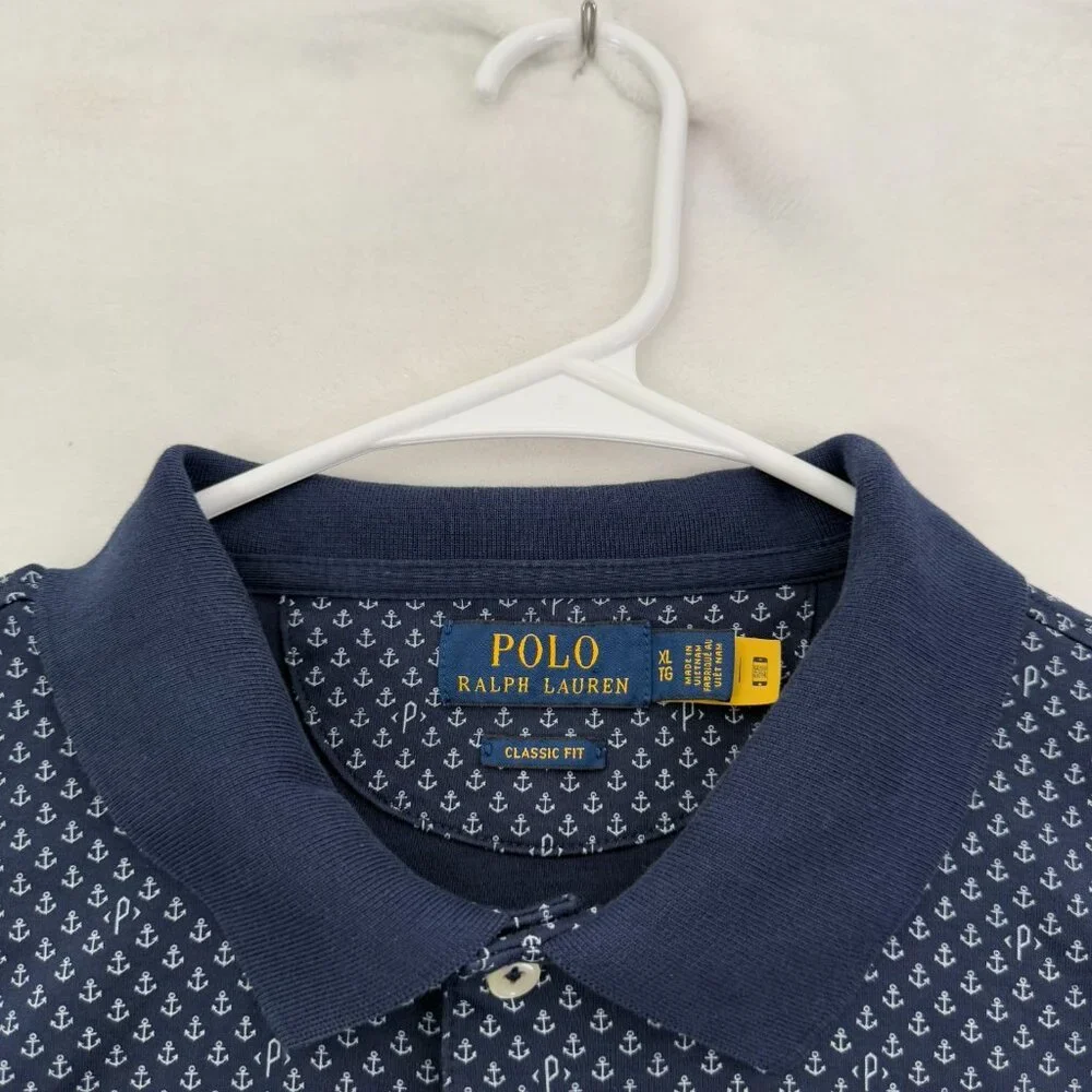 Polo Ralph Lauren Polo Shirt Mens XL Blue Classic Fit Anchor Geometric Pony